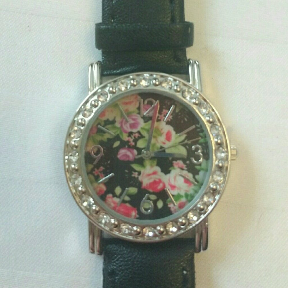 Wristwatch w/ floral & rhinestone face, black band